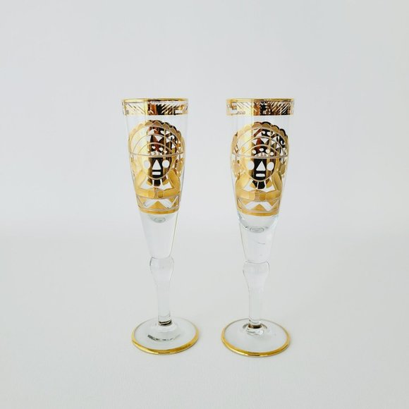 Vintage Artesania Tabuisa 14k Gold Encrusted Inca Sun God Champagne Flutes/Glass - Picture 1 of 15